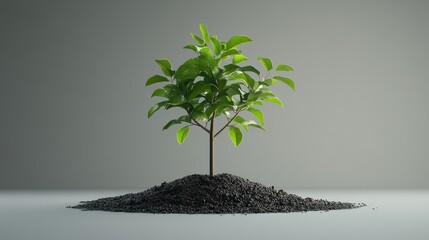 Young green plant with vibrant leaves growing from a pile of soil in a minimalist setting
