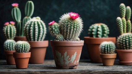 Variety of cacti in terracotta pots with flowers displayed on wooden surface against dark background