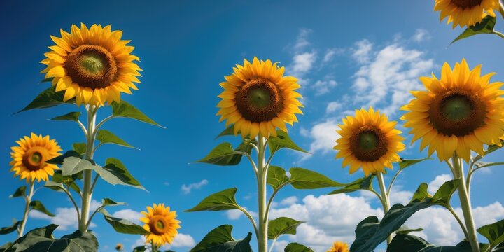Sunflower field under blue sky with fluffy clouds featuring vibrant yellow flowers in full bloom during daylight hours