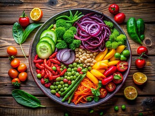 Vibrant Vegan Bowl: Colorful Vegetables & Legumes on Rustic Wood