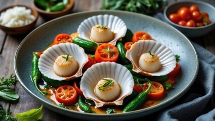 Gourmet seafood dish featuring scallops in shell, cherry tomatoes, green peppers, and herbs arranged on a rustic wooden table