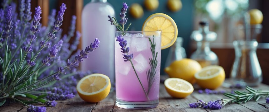 Lavender lemonade drink in a glass with ice and lemon slice surrounded by fresh lavender sprigs and lemons on wooden table