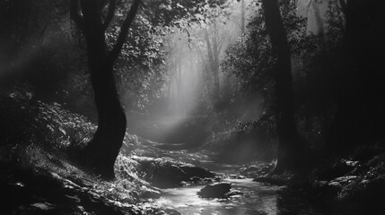 Obraz premium Sunbeams illuminate misty forest stream.