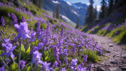 Vibrant purple wildflowers lining a rocky pathway in a mountainous landscape on a sunny day