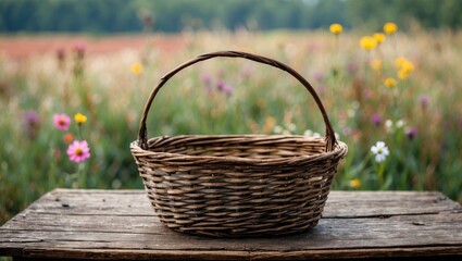 Woven wicker basket on a rustic wooden table with a blurred background of colorful wildflowers in a natural setting