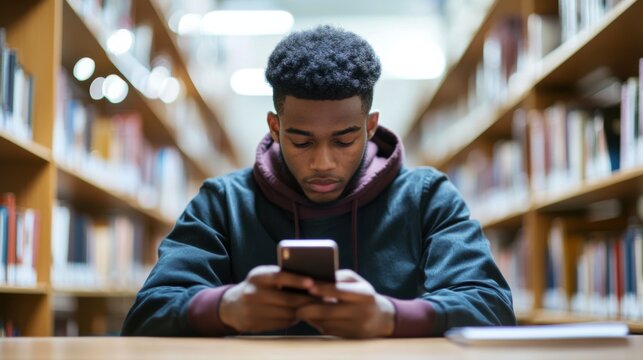 Social media rumors affecting a student studying in a library. Featuring distraction and curiosity