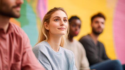 Fototapeta premium A group of diverse people listening attentively, with a colorful backdrop enhancing the scene.