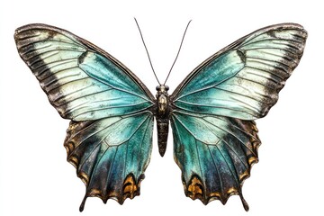 Naklejka premium Teal butterfly wings spread, isolated, studio shot, white background, nature design.