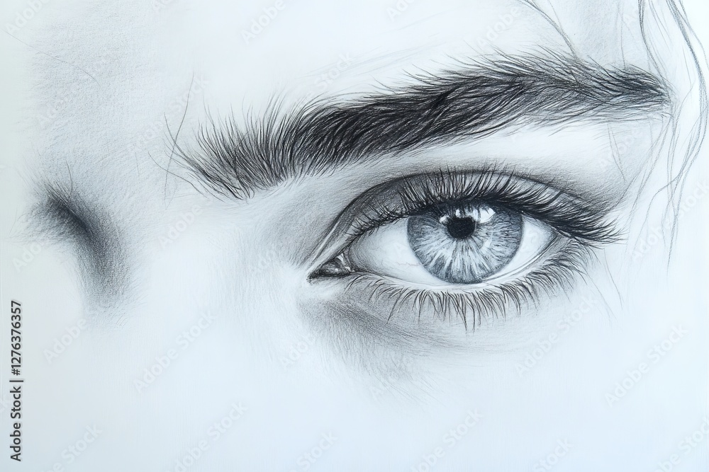 Poster close-up of a beautifully detailed drawn eye showcasing intricate realism and depth of expression in