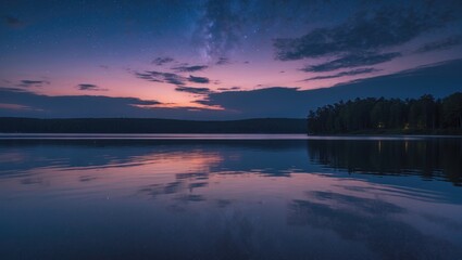 Tranquil lake at dusk under a starry sky with colorful reflections and silhouetted trees along the shoreline