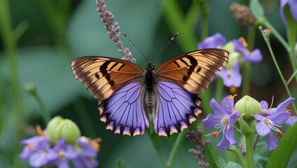 Naklejka premium Colorful butterfly perched on blooming flowers with vibrant petals in a natural garden setting during daylight.