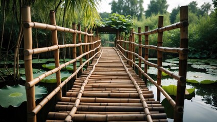 Obraz premium Bamboo bridge over a pond surrounded by lush greenery and lotus leaves under soft natural lighting