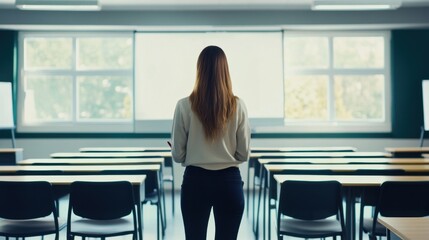 Obraz premium Social media rumors affecting a teacher in a classroom. Featuring distraction and focus