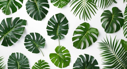 Tropical green leaves arrangement on white background flat lay style with various shapes and textures of foliage