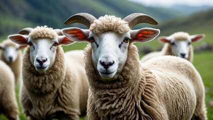 Obraz premium Close-up portrait of domestic sheep with thick wool and prominent horns in a lush green pasture under natural light.