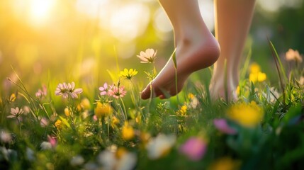 Bare feet gently touch the soft grass and vibrant wildflowers in a scenic, sunlit field