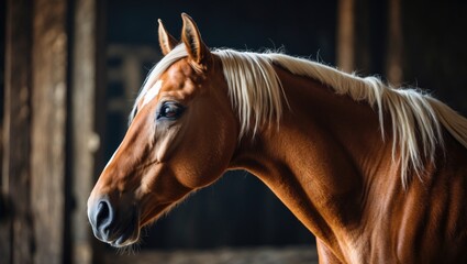 Close-up portrait of a chestnut horse with a light mane in a rustic stable setting illuminated by soft natural light