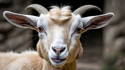 Fototapeta premium Portrait of a domestic goat with light cream fur and prominent horns against a blurred natural background