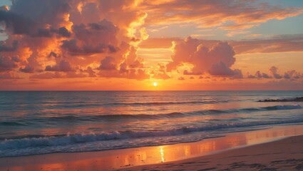 Colorful sunset over calm ocean waves with sandy beach and dramatic cloud formations in the sky. High resolution nature photography.