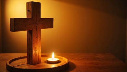Naklejka premium Candlelit wooden cross surrounded by palm leaves