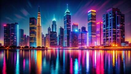 Vintage Neon Cityscape Reflection: Pink, Yellow, Blue Glowing Buildings at Night