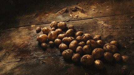 Freshly harvested potatoes scattered on a wooden surface