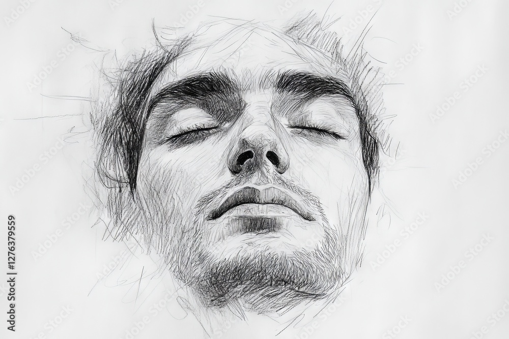 Aufkleber Artistic sketch of a serene young man with closed eyes depicting tranquility and introspection in a minimalistic style