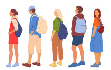 Obraz premium Group of men and women standing with backpacks, profile, front and back view, different colors, cartoon characters, people silhouettes, vacation clothes. Flat icon design, vector isolated on white