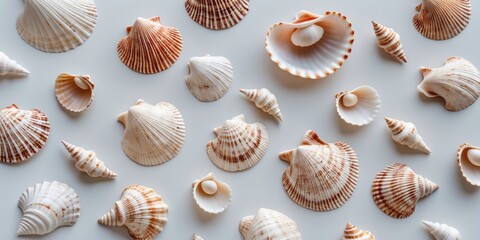 various seashells arranged on a light surface displaying different shapes and colors of marine shells