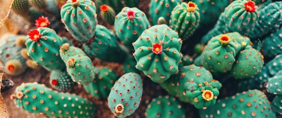 Colorful cacti with flowers in a desert landscape captured from above showcasing various shapes and textures of the plants
