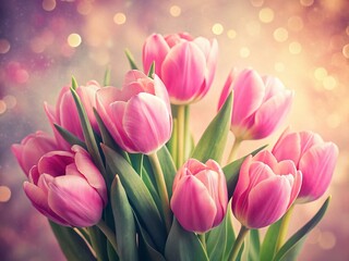 Fototapeta premium Vintage Pink Tulips: Soft Pastel Floral Background Stock Photo