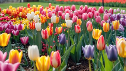 Colorful tulip field with various shades of blooms including yellow, pink, white, and purple flowers in vibrant spring garden.