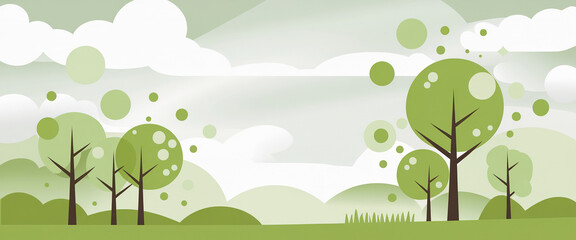 A minimalist and stylized landscape design with green trees and soft clouds, symbolizing growth, nature, and environmental sustainability in a modern, abstract style.