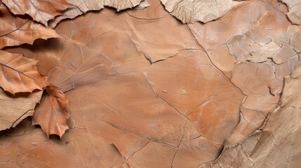 Naklejka premium Natural Elements with Brown Clay Texture and Dried Leaves on Weathered Bark Background for Artistic and Creative Projects