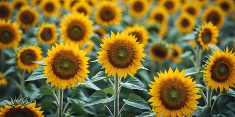 Field of vibrant yellow sunflowers in full bloom under natural light, green foliage surrounding the flowers, horizontal composition.