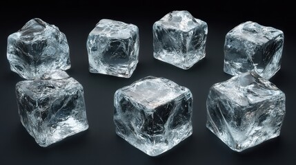 Obraz premium Close-up of seven clear ice cubes on dark background showing transparency and texture