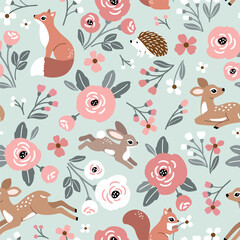 Seamless vector pattern with cute fawn, rabbit, fox and hedgehog on floral background. Hand drawn woodland illustration. Perfect for textile, wallpaper or print design. EPS10 vector file.