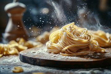 A close-up of freshly handmade tagliatelle pasta with a light dusting of flour, showcasing its texture and artisanal quality.  