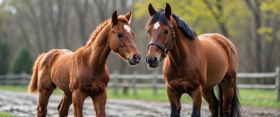 Obraz premium Two brown horses interacting near a wooden fence in a lush green countryside setting during the daytime