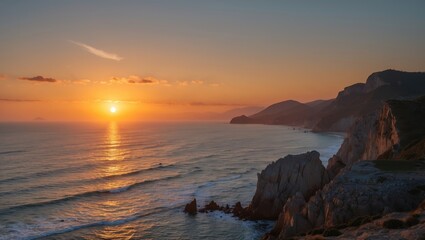Coastal landscape during sunset with orange sky and gentle waves crashing against rocky cliffs and distant hills