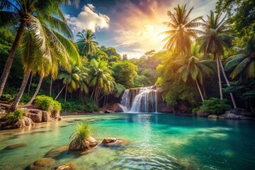 Vintage Tropical Waterfall Beach Paradise: Sun-Drenched Serenity