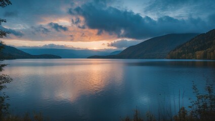 Lake landscape at sunset with mountains in the background and a cloudy sky reflecting on the water surface