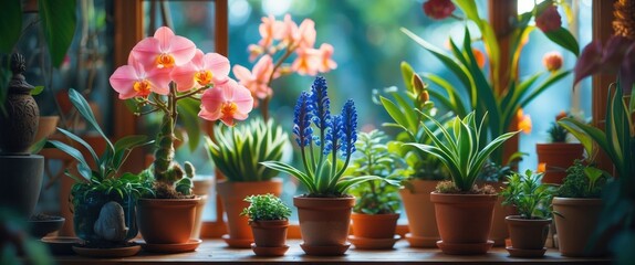 Fototapeta premium Assorted houseplants and flowers including orchids and succulents displayed in decorative pots by a sunny window