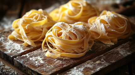 Handmade tagliatelle pasta nests dusted with flour, resting on a rustic wooden board, ready for cooking.