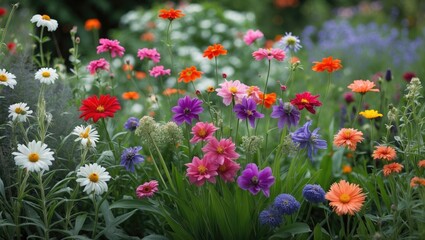 vibrant mixed flower garden featuring daisies and assorted blooms in various colors with lush green foliage