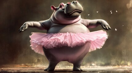 A hippo dancing ballet on its toes, wearing a pink tutu, juxtaposing its large body with an elegant yet clumsy dance move.