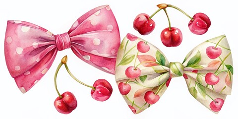 Watercolor Cherry & Pink Bows: Elegant Fashion Accessory Design Elements