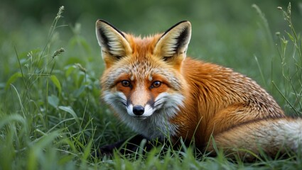 Naklejka premium Red fox resting in tall green grass with a focused expression and vivid orange fur