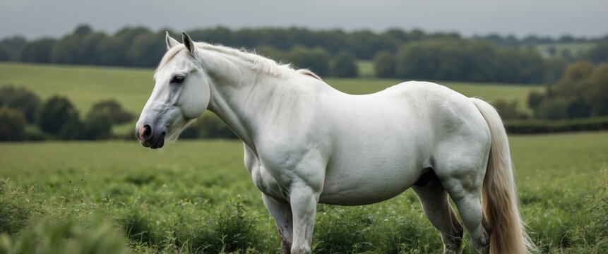 White horse in a lush green field under cloudy sky with trees in the background standing elegantly in profile view.