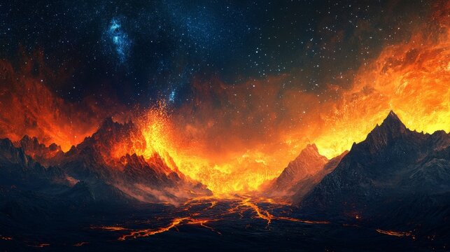 Fiery mountain landscape with lava flows under starry night sky. Possible use for wallpaper, background image